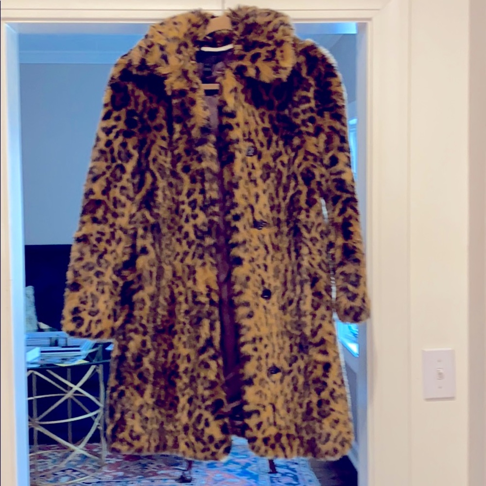 J. crew Faux fur mid length coat in Leopard